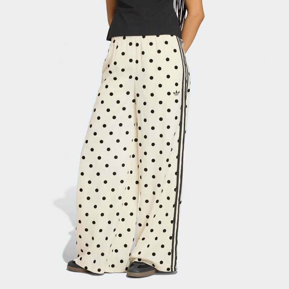 Adidas White Polka Dot Wide-Leg Pants with Side Stripes